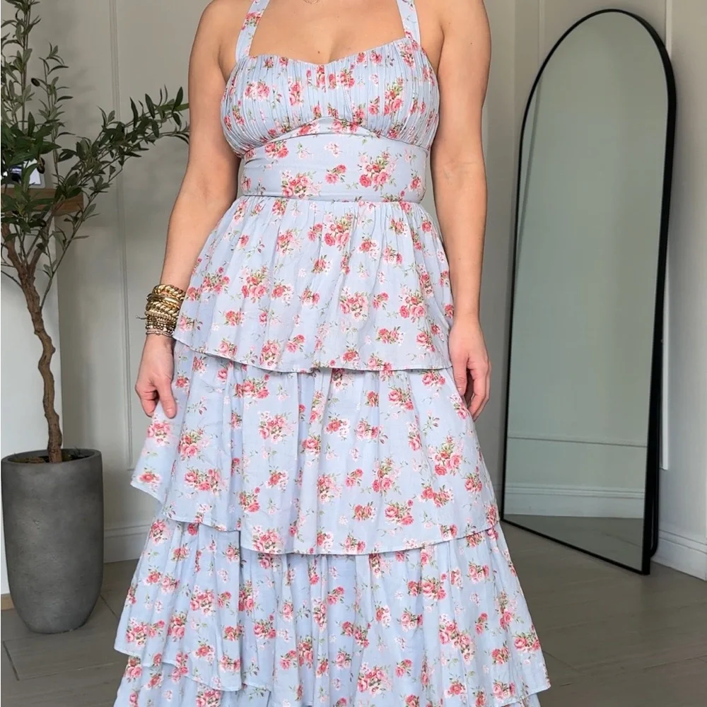 Abercrombie & Fitch Light Blue Floral Tiered Halter Dress